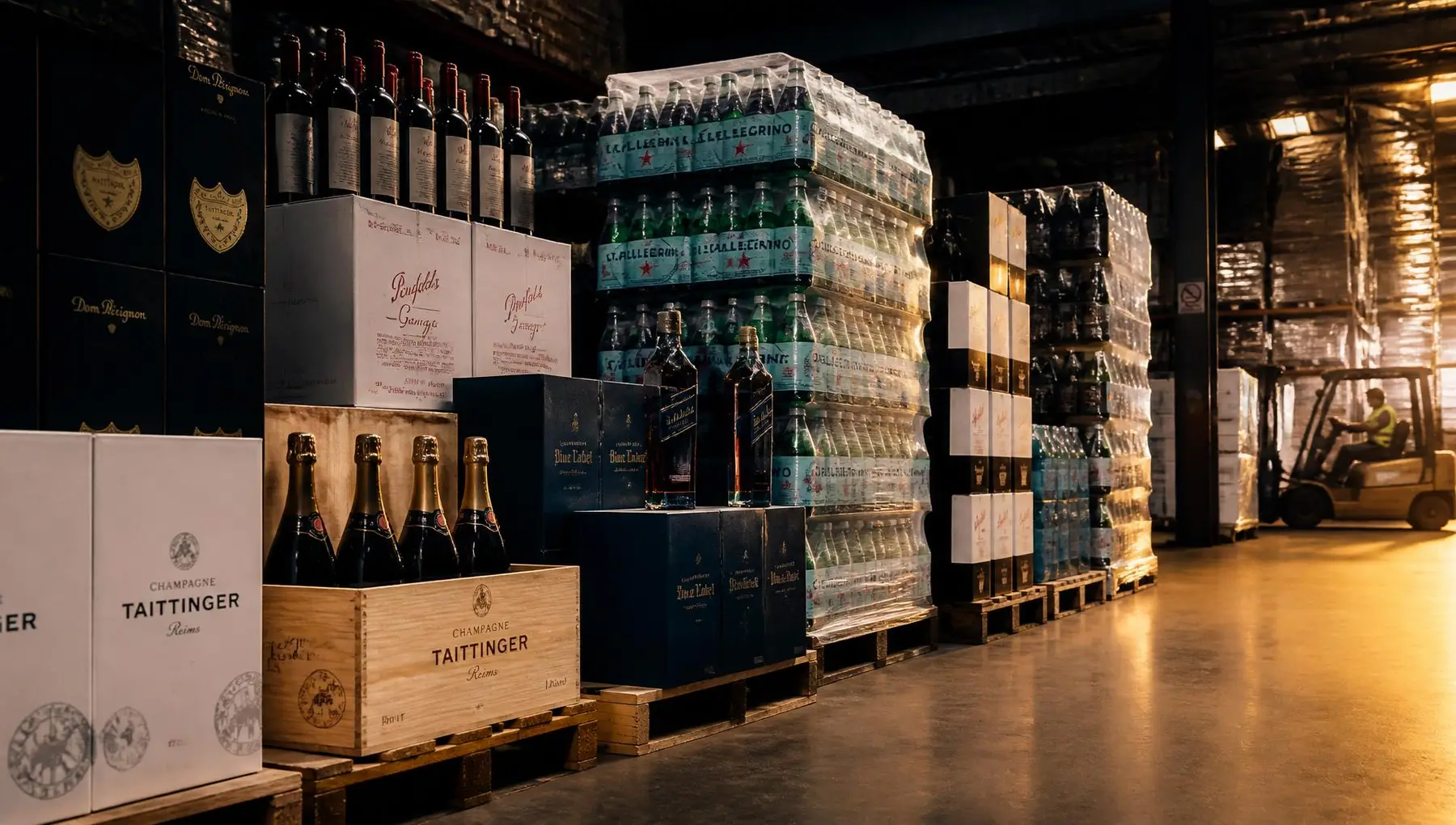 Beverage distribution warehouse with premium wines, spirits and water pallets